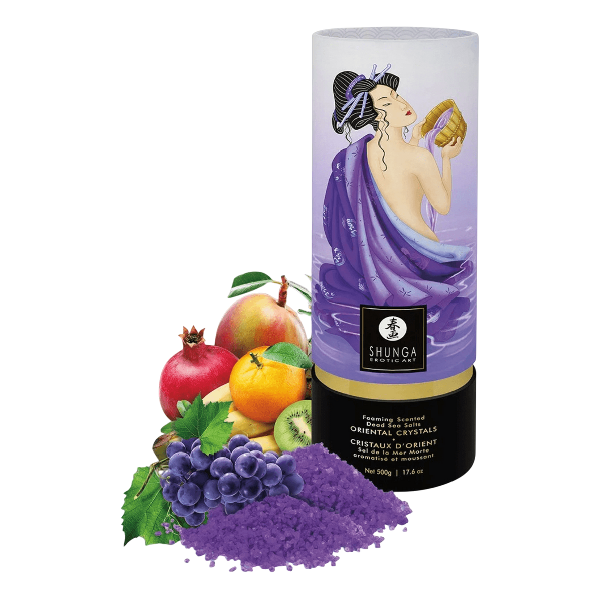 Tube de sel de la mer Morte moussant Shunga Fruits Exotiques, cristaux violets et fruits frais - Oh My God'Z