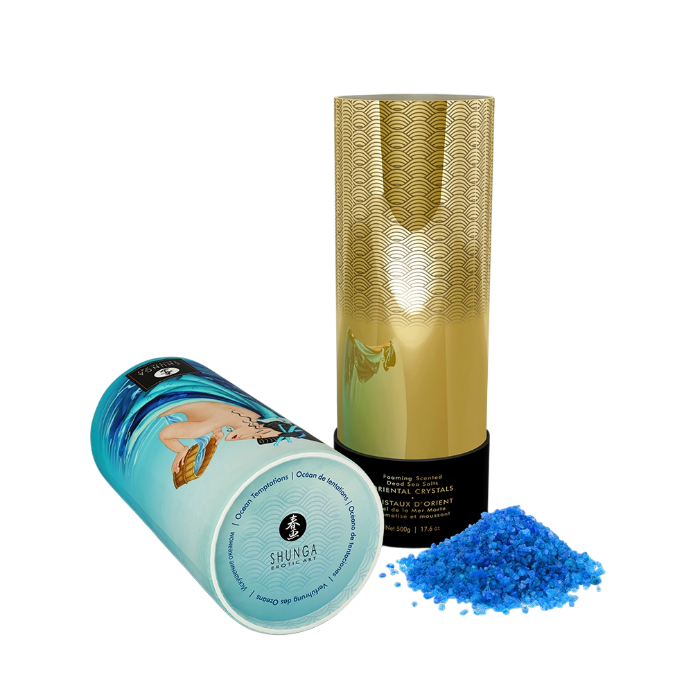 Boites cylindriques Shunga Cristaux d'Orient, etui dore et tube bleu, avec cristaux de sel bleus - Oh My God'Z