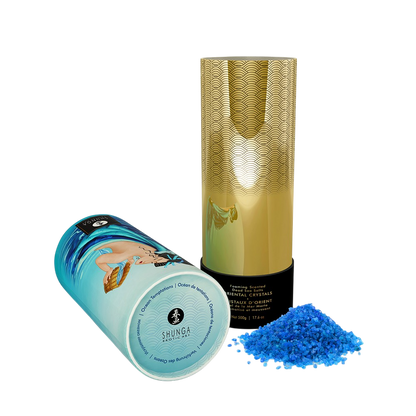 Boites cylindriques Shunga Cristaux d'Orient, etui dore et tube bleu, avec cristaux de sel bleus - Oh My God'Z