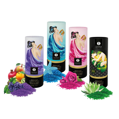 Gamme Shunga Oriental Crystals : sels de bain violet, bleu, rose et vert avec leurs tubes - Oh My God'Z