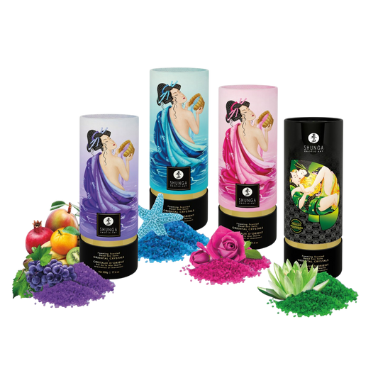 Gamme Shunga Oriental Crystals : sels de bain violet, bleu, rose et vert avec leurs tubes - Oh My God'Z