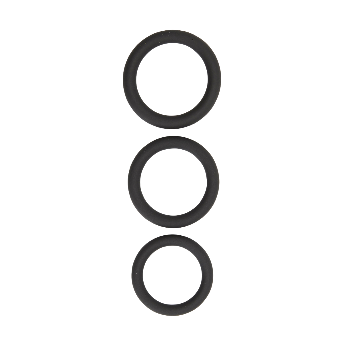 Trois anneaux peniens noirs en silicone doux alignes verticalement, diametres 3,5 / 4 / 4,5 cm - Oh My God'Z
