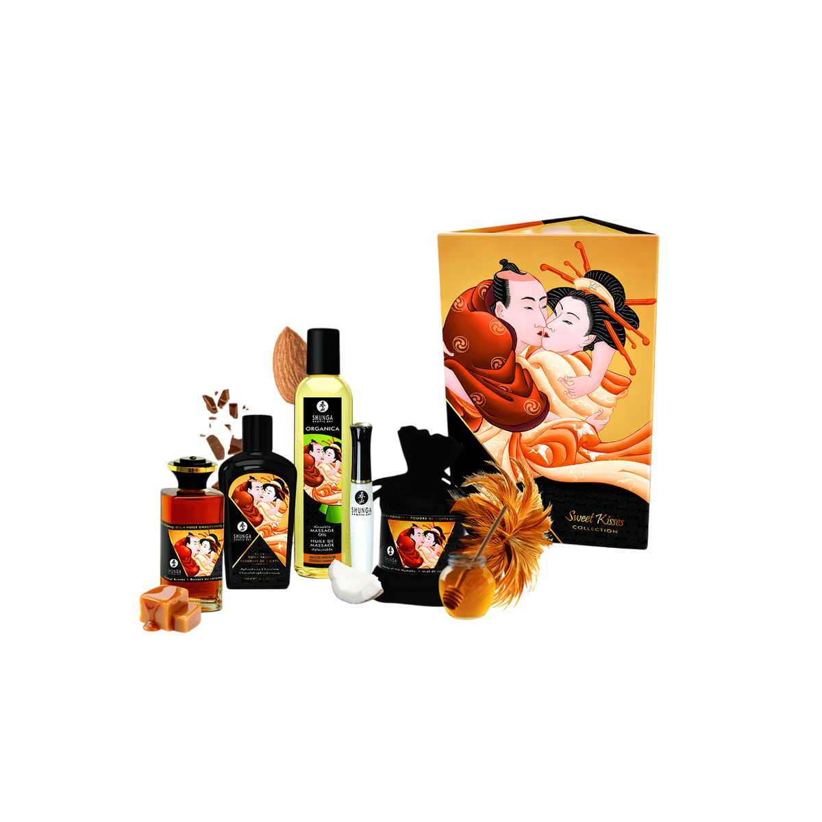 Coffret Shunga Doux Baisers complet avec huiles, poudre, gloss, plumeau et boite illustree orange - Oh My God'Z