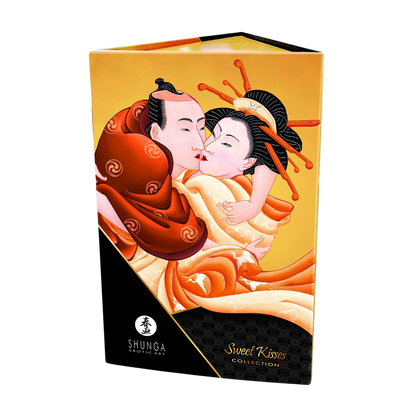 Boite cadeau Shunga Sweet Kisses Collection, coffret triangulaire orange illustre d'un couple enlace - Oh My God'Z