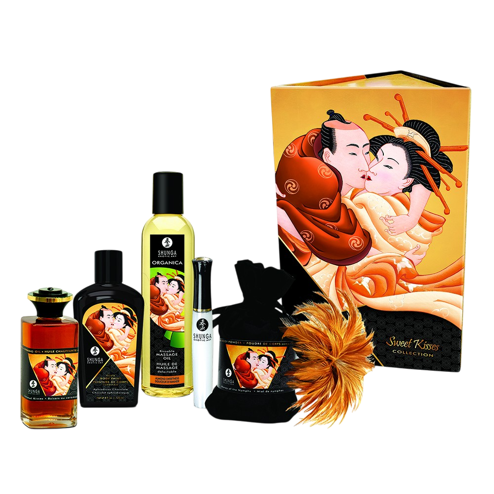 Contenu du coffret Shunga Sweet Kisses : flacons d'huiles, peinture corporelle, gloss, pochette noire - Oh My God'Z