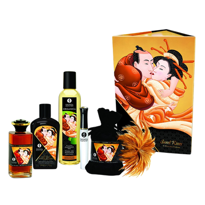 Contenu du coffret Shunga Sweet Kisses : flacons d'huiles, peinture corporelle, gloss, pochette noire - Oh My God'Z