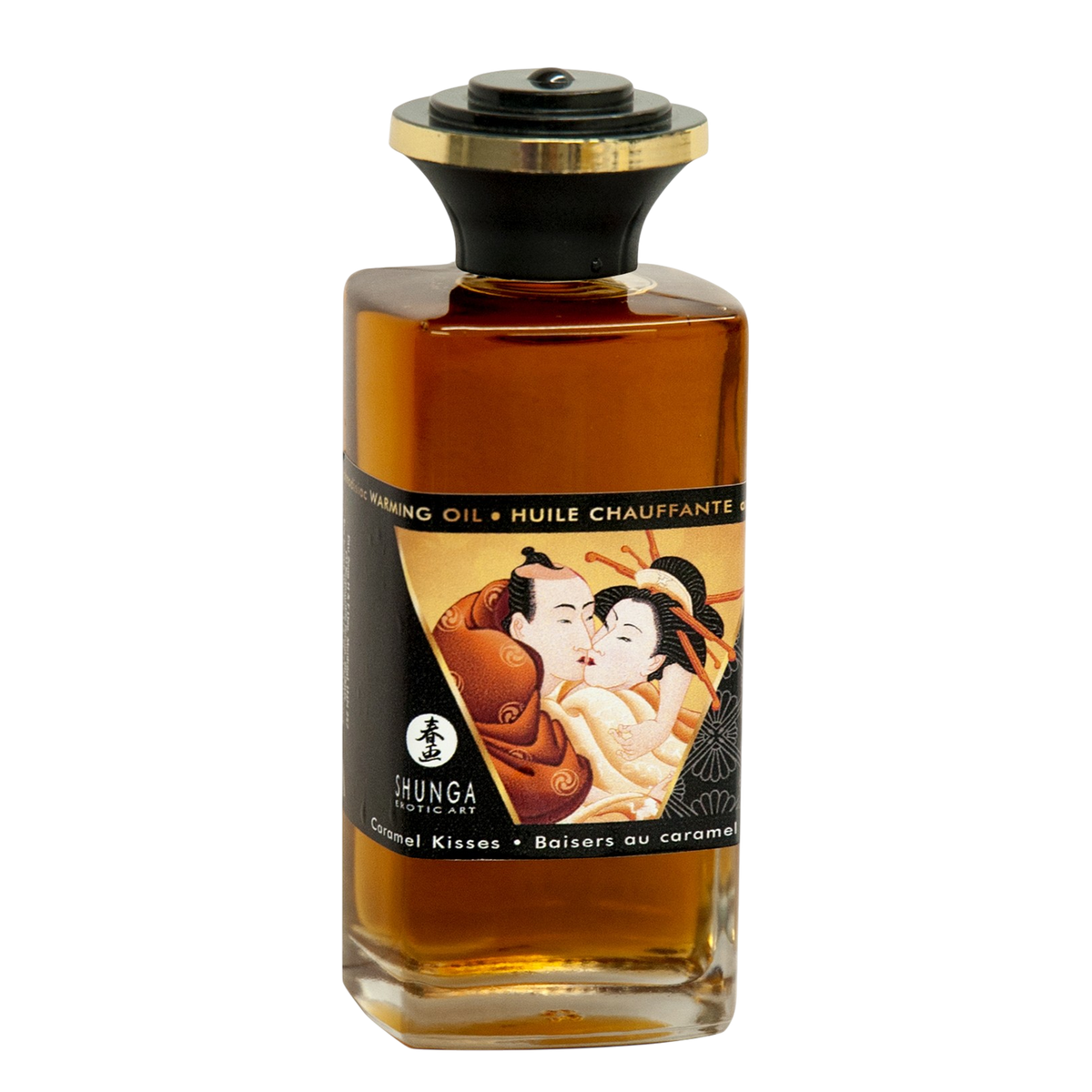 Flacon en verre d'huile chauffante aphrodisiaque Shunga Baisers au caramel ambree, bouchon dore - Oh My God'Z