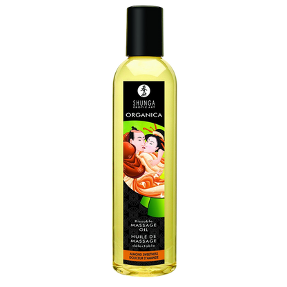 Flacon d'huile de massage Shunga Organica douceur d'amande 250 ml, liquide jaune et bouchon noir - Oh My God'Z