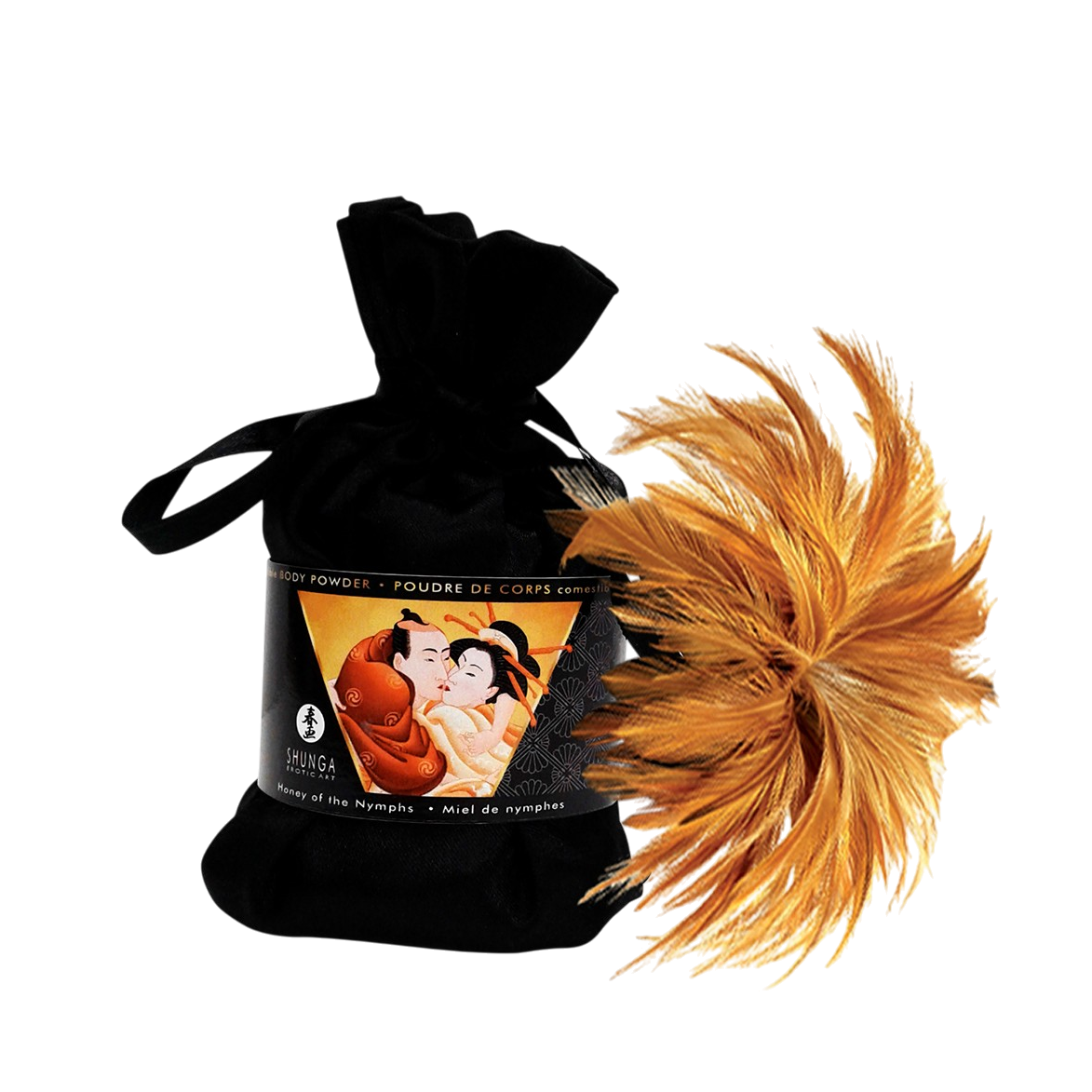 Poudre de corps comestible Shunga Miel des Nymphes en pochette velours noire avec plumeau orange - Oh My God'Z