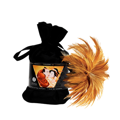 Poudre de corps comestible Shunga Miel des Nymphes en pochette velours noire avec plumeau orange - Oh My God'Z