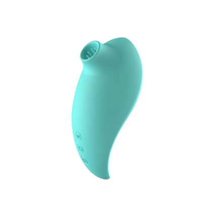 Vue laterale stimulateur clitoridien turquoise embout aspiration picots silicone doux - Oh My God'Z