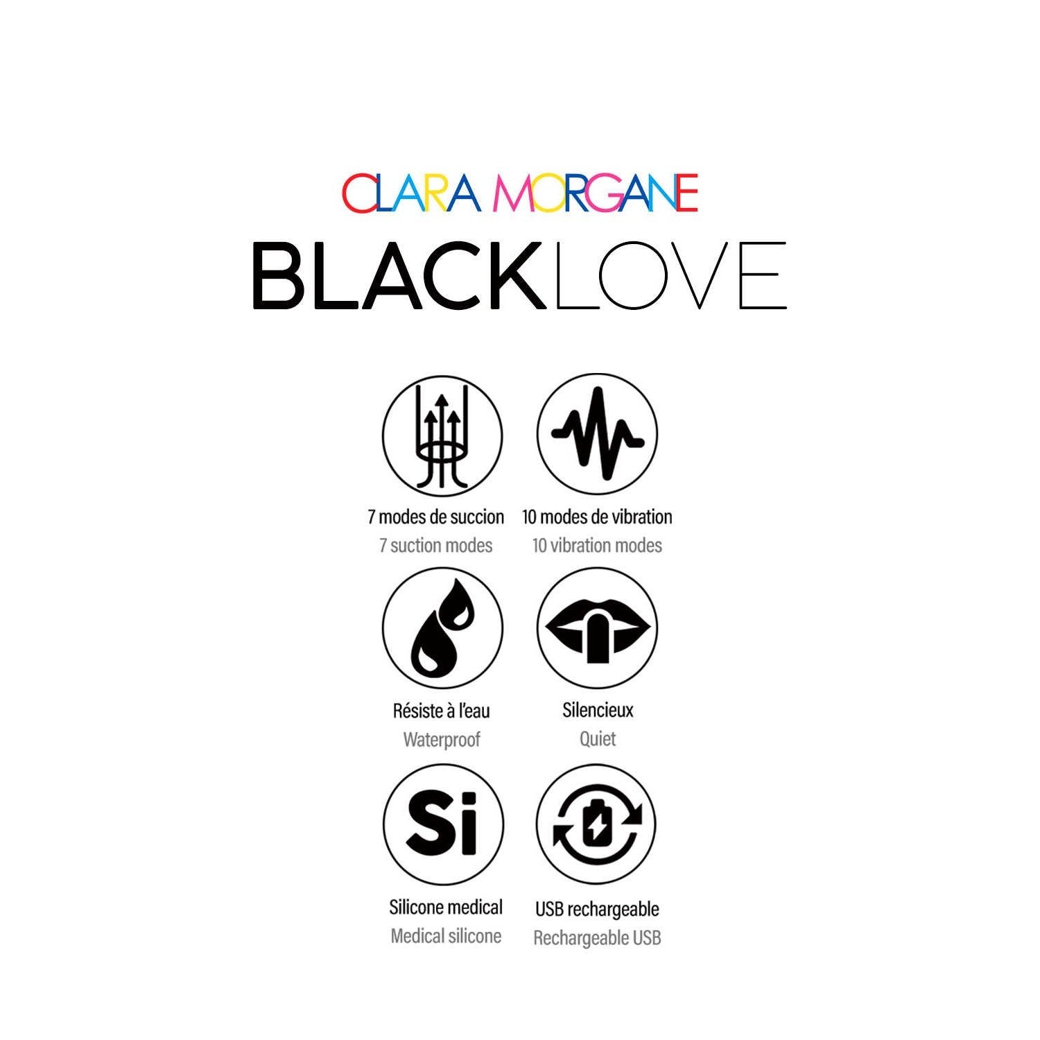 Pictogrammes Black Love : 7 succions, 10 vibrations, waterproof, silicone, USB rechargeable - Oh My God'Z