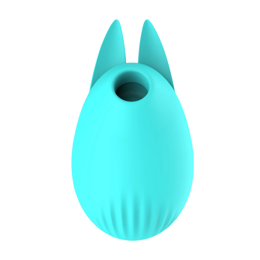Stimulateur clitoridien Bunny bleu pastel en silicone, vue de face avec orifice d'aspiration - Oh My God'Z