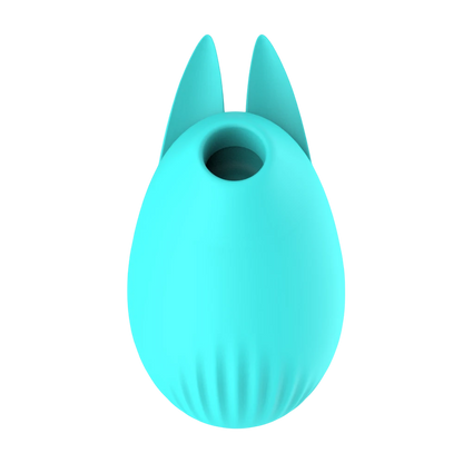 Stimulateur clitoridien Bunny bleu pastel en silicone, vue de face avec orifice d'aspiration - Oh My God'Z