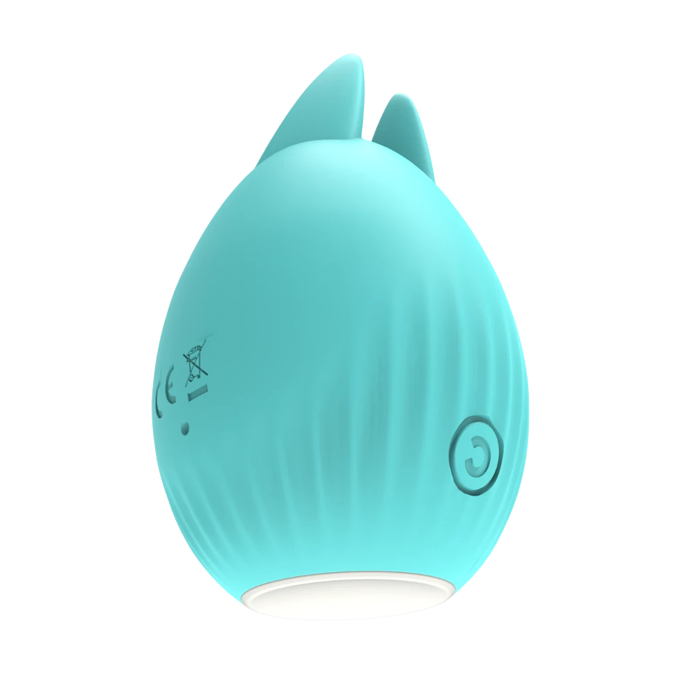 Stimulateur clitoridien Bunny bleu pastel en silicone, vue de profil avec bouton de contrôle - Oh My God'Z