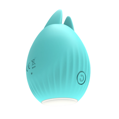 Stimulateur clitoridien Bunny bleu pastel en silicone, vue de profil avec bouton de contrôle - Oh My God'Z