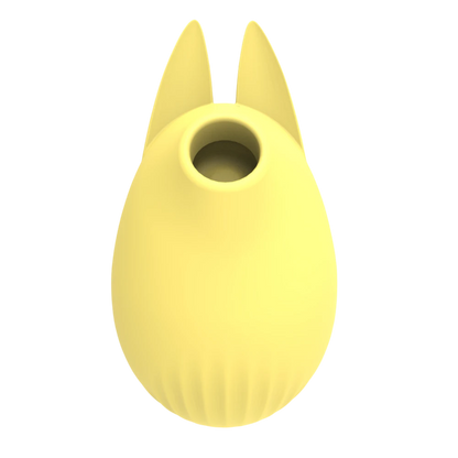 Stimulateur clitoridien Bunny USB jaune en silicone, vue de face avec orifice d'aspiration - Oh My God'Z