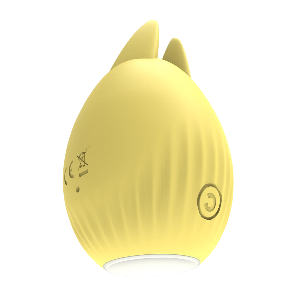 Stimulateur clitoridien Bunny USB jaune en silicone, vue de profil avec bouton de contrôle - Oh My God'Z