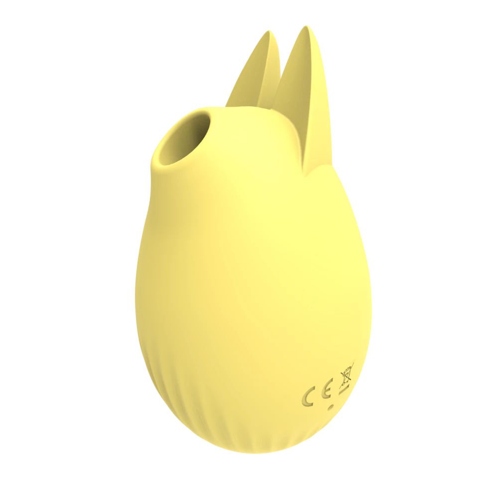 Stimulateur clitoridien Bunny USB jaune avec marquage CE, vue latérale en silicone doux - Oh My God'Z