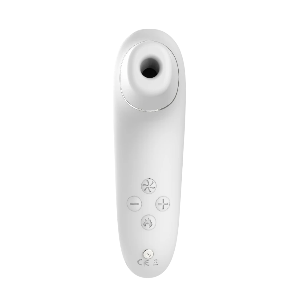 Vue de face du stimulateur clitoridien blanc avec buse d'aspiration circulaire et panneau de commandes - Oh My God'Z