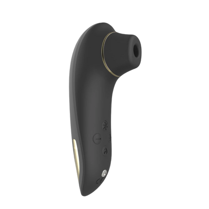 Stimulateur clitoridien Deluxe noir Mary vue de côté, design ergonomique avec buse et détails dorés - Oh My God'Z
