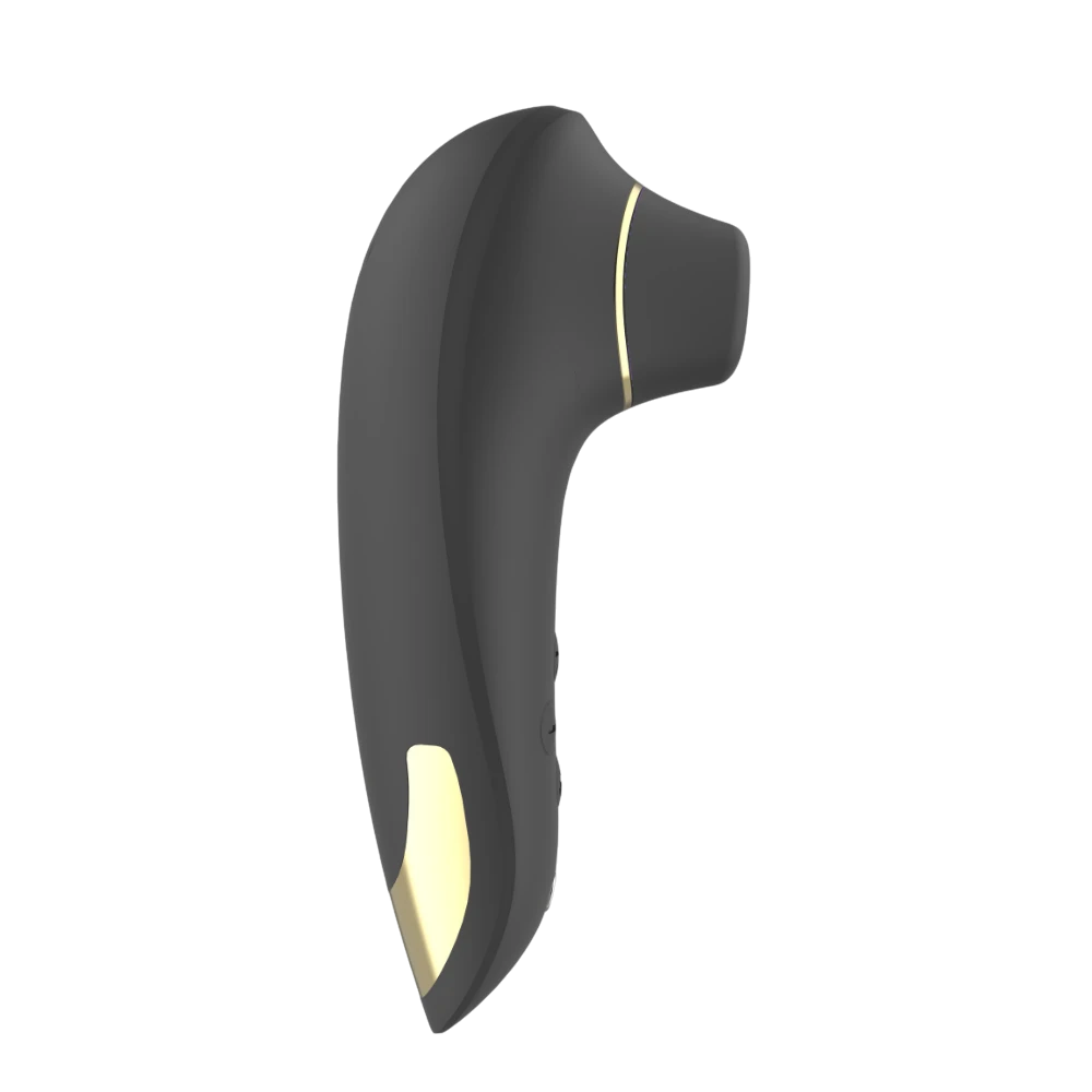 Stimulateur clitoridien Deluxe noir Mary vue de profil droit, forme ergonomique avec accent beige - Oh My God'Z