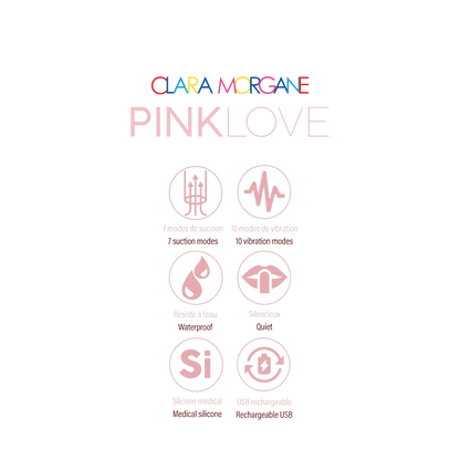 Pictogrammes caractéristiques Pink Love: 7 succions, 10 vibrations, waterproof, USB rechargeable - Oh My God'Z