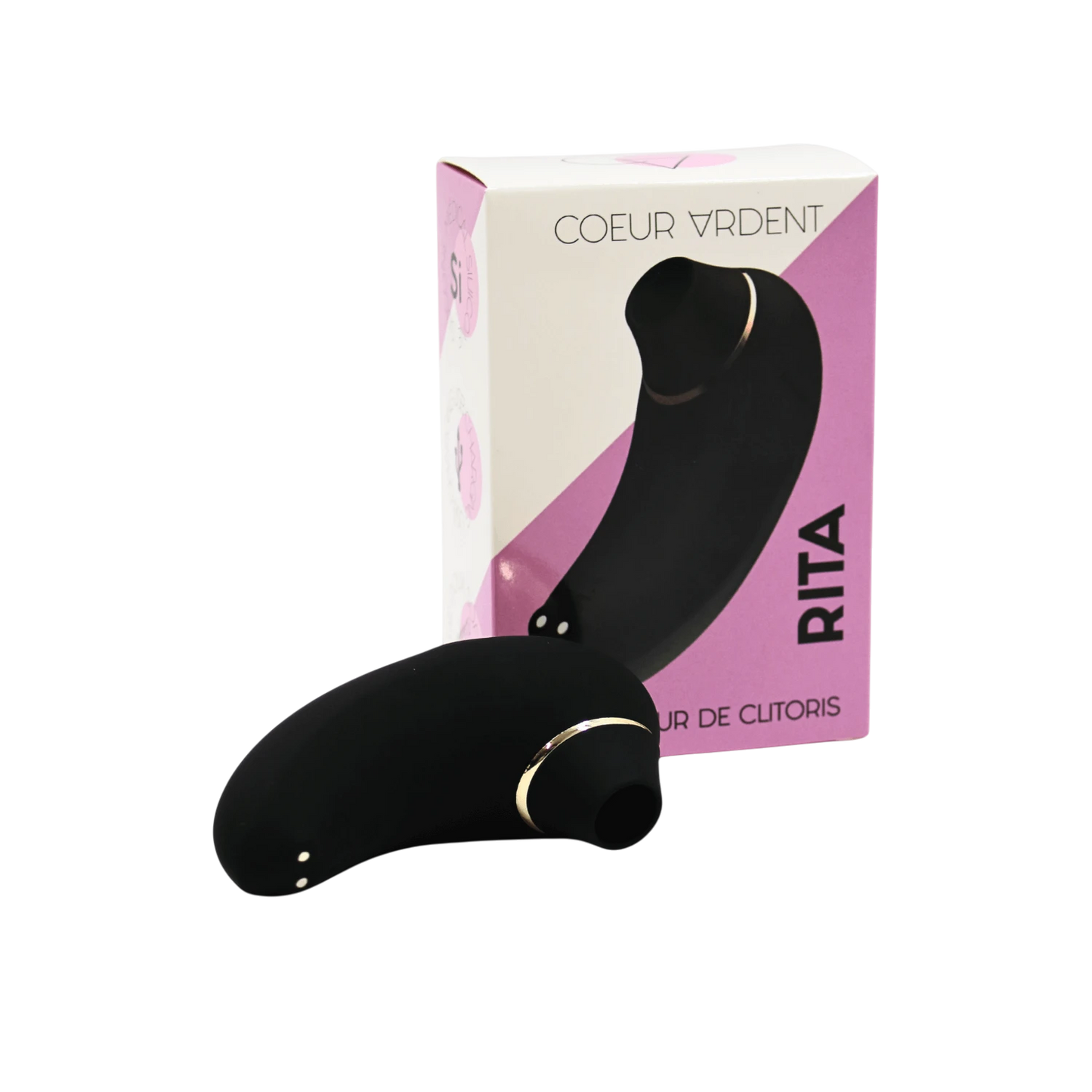 Stimulateur clitoridien Rita noir avec packaging rose, vue d'ensemble du produit et boîte - Oh My God'Z