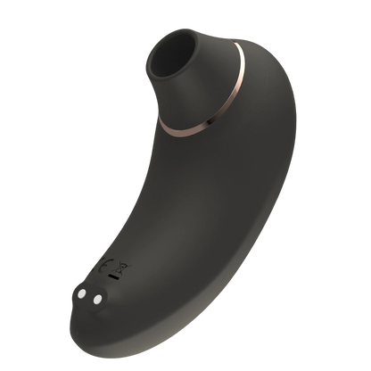 Stimulateur clitoridien Rita noir avec anneau rose gold, vue latérale sur fond blanc - Oh My God'Z