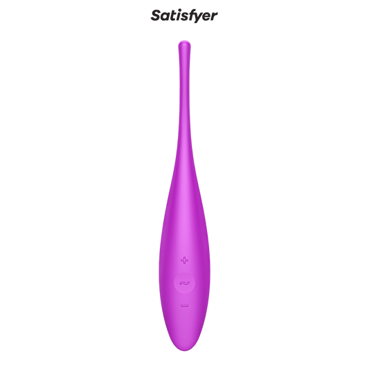 Vibromasseur Twirling Joy Satisfyer violet en silicone doux, boutons plus, moins et vibration visibles - Oh My God'Z