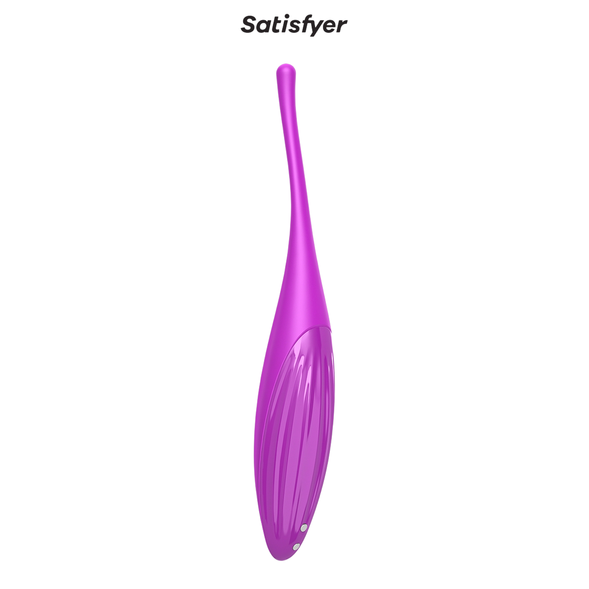 Sextoy connecte Twirling Joy Satisfyer violet de trois quarts, silicone lisse et contacts de recharge - Oh My God'Z