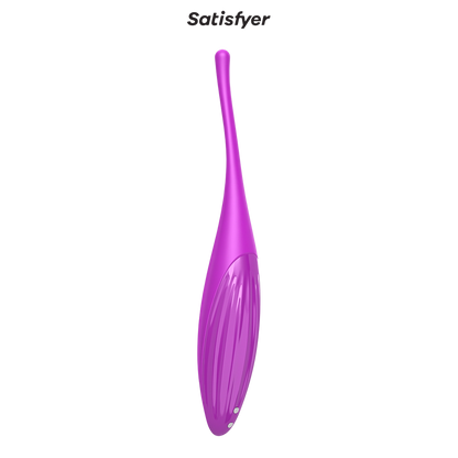 Sextoy connecte Twirling Joy Satisfyer violet de trois quarts, silicone lisse et contacts de recharge - Oh My God'Z