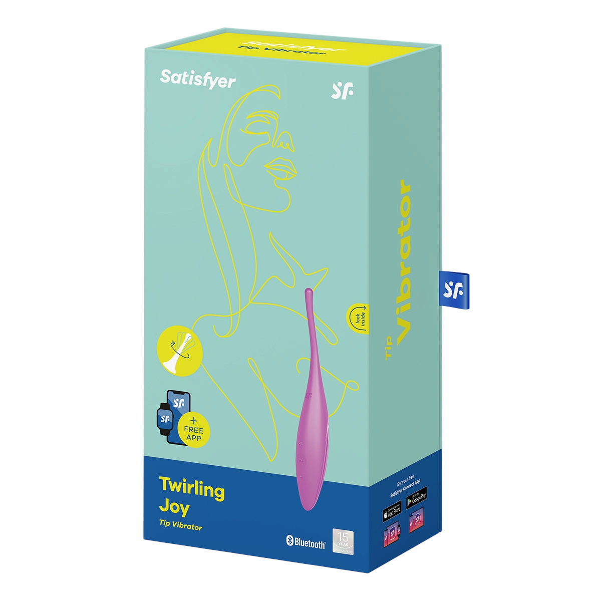 Boite du stimulateur Twirling Joy Tip Vibrator Satisfyer, emballage turquoise avec produit rose illustre - Oh My God'Z