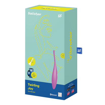Boite du stimulateur Twirling Joy Tip Vibrator Satisfyer, emballage turquoise avec produit rose illustre - Oh My God'Z