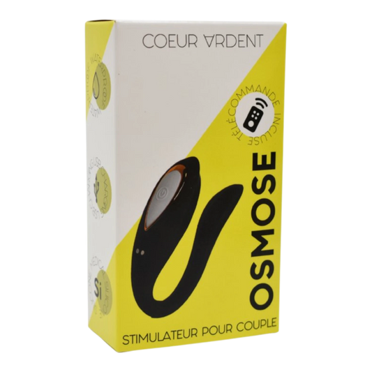 Boîte d'emballage jaune et blanche du stimulateur pour couple Osmose Coeur Ardent avec télécommande - Oh My God'Z