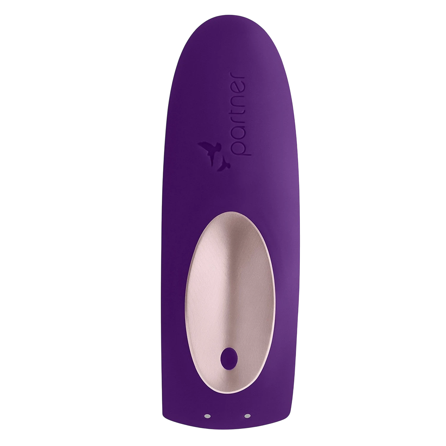 Vue détaillée du stimulateur Partner Plus violet en silicone avec logo Satisfyer et surface douce - Oh My God'Z