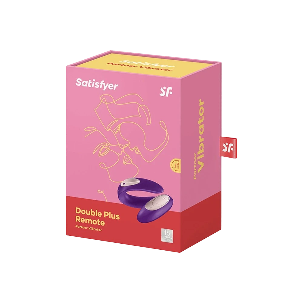 Boîte packaging rose Satisfyer Double Plus Remote avec illustration et vue du produit violet - Oh My God'Z
