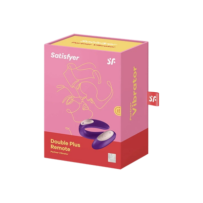Boîte packaging rose Satisfyer Double Plus Remote avec illustration et vue du produit violet - Oh My God'Z