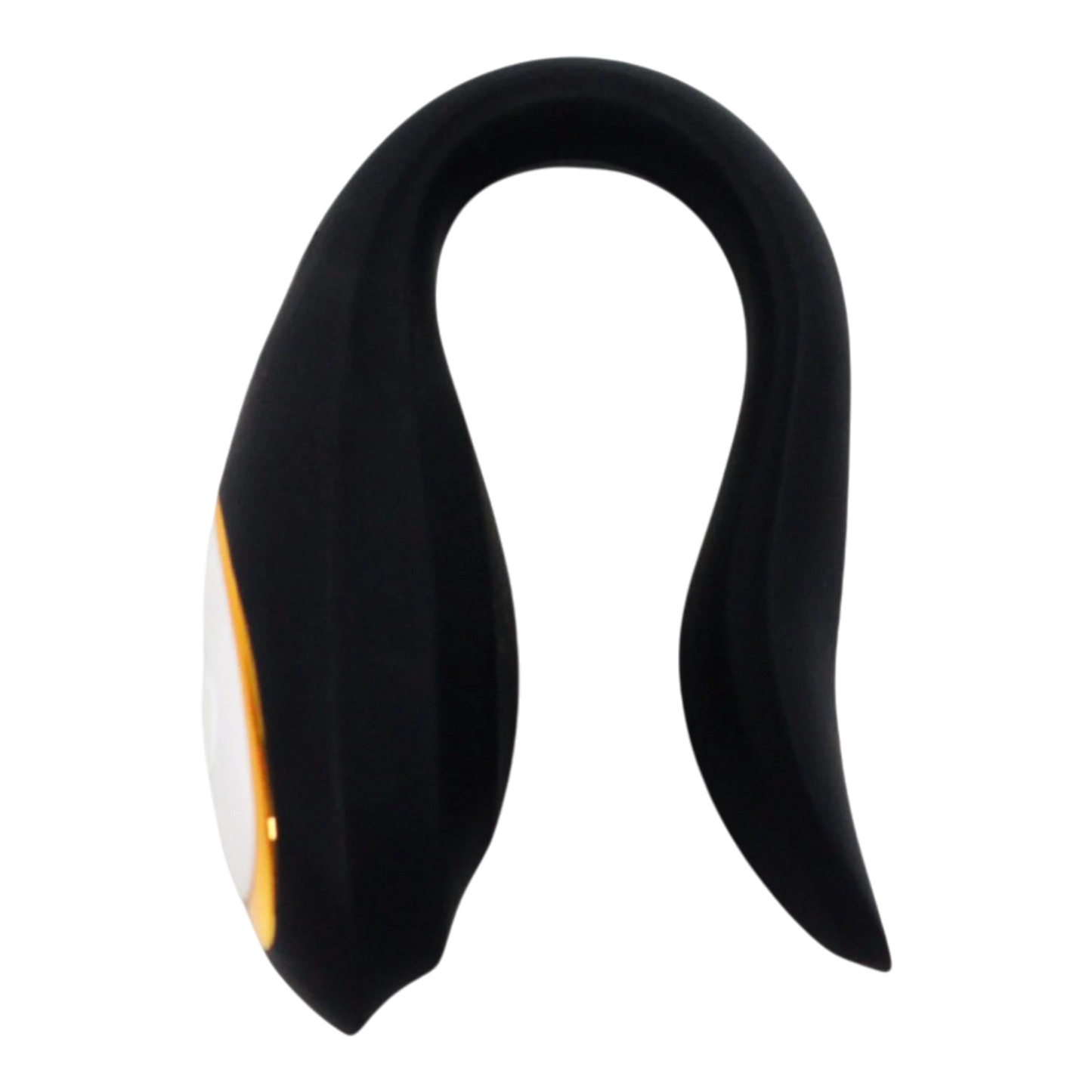 Vue de dessus du stimulateur Osmose forme C en silicone noir avec détail doré et bouton de contrôle blanc - Oh My God'Z
