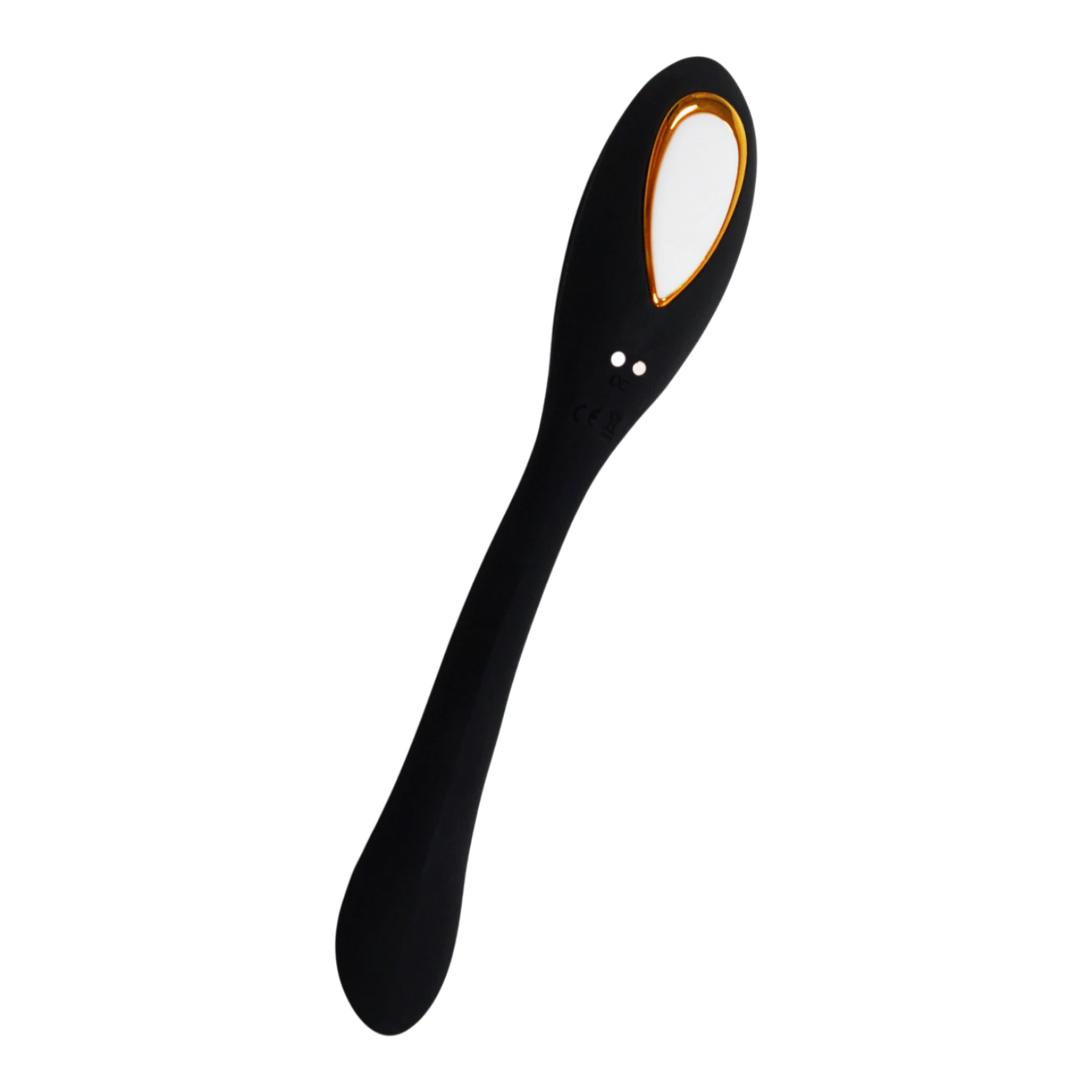 Vue rapprochée de la tête du stimulateur Osmose noir en silicone avec liseré doré et bouton de commande - Oh My God'Z