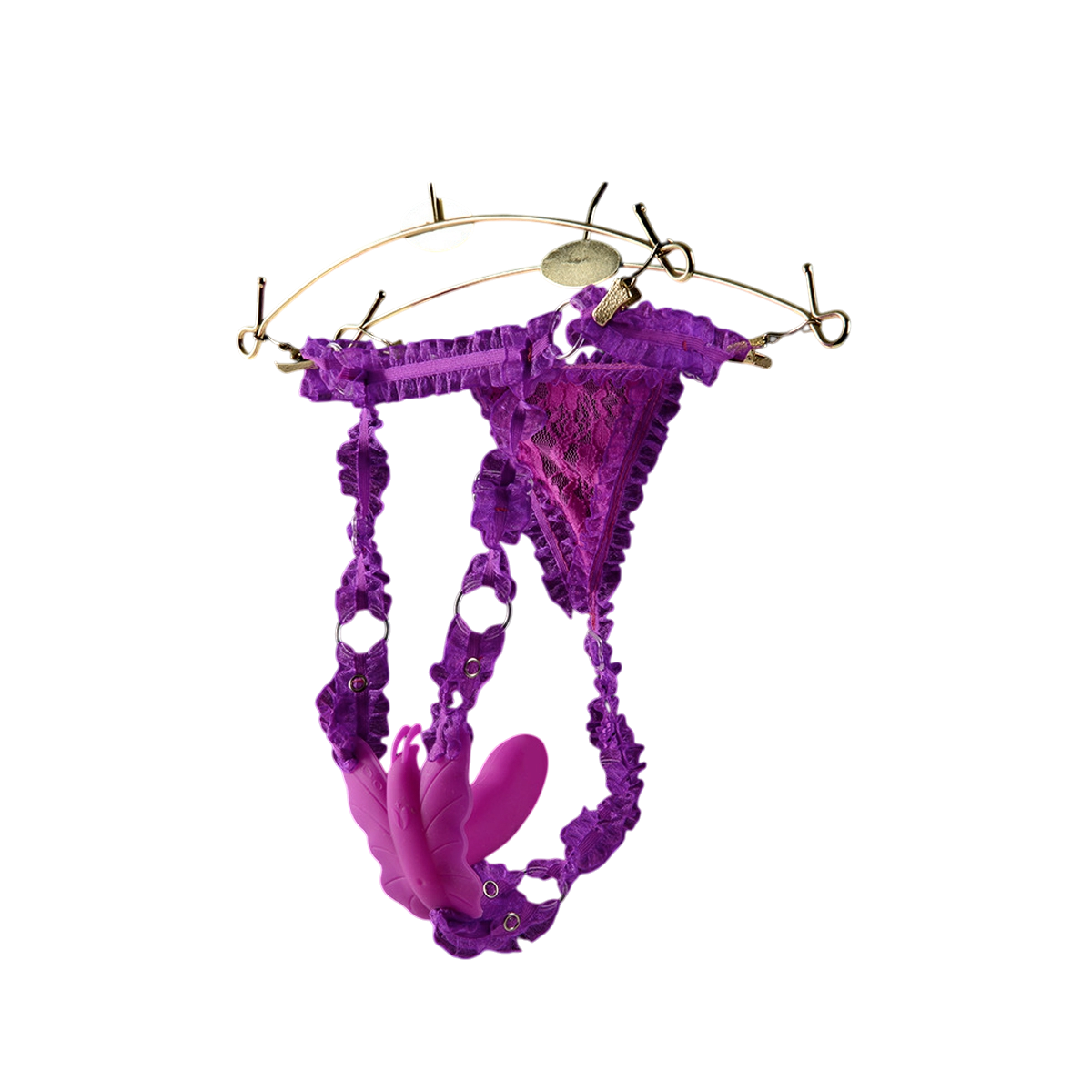 Stimulateur papillon connecte Lydia Realov en silicone violet place dans un string en dentelle violette - Oh My God'Z