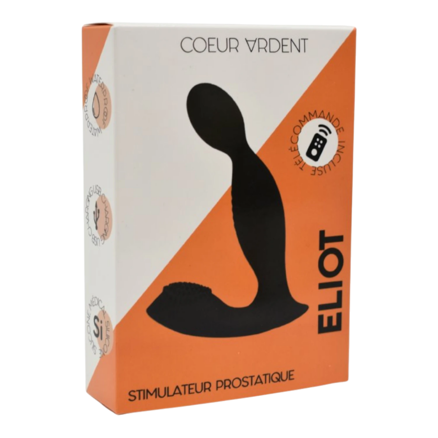 Packaging orange et blanc du stimulateur prostatique Eliot Coeur Ardent avec télécommande - Oh My God'Z