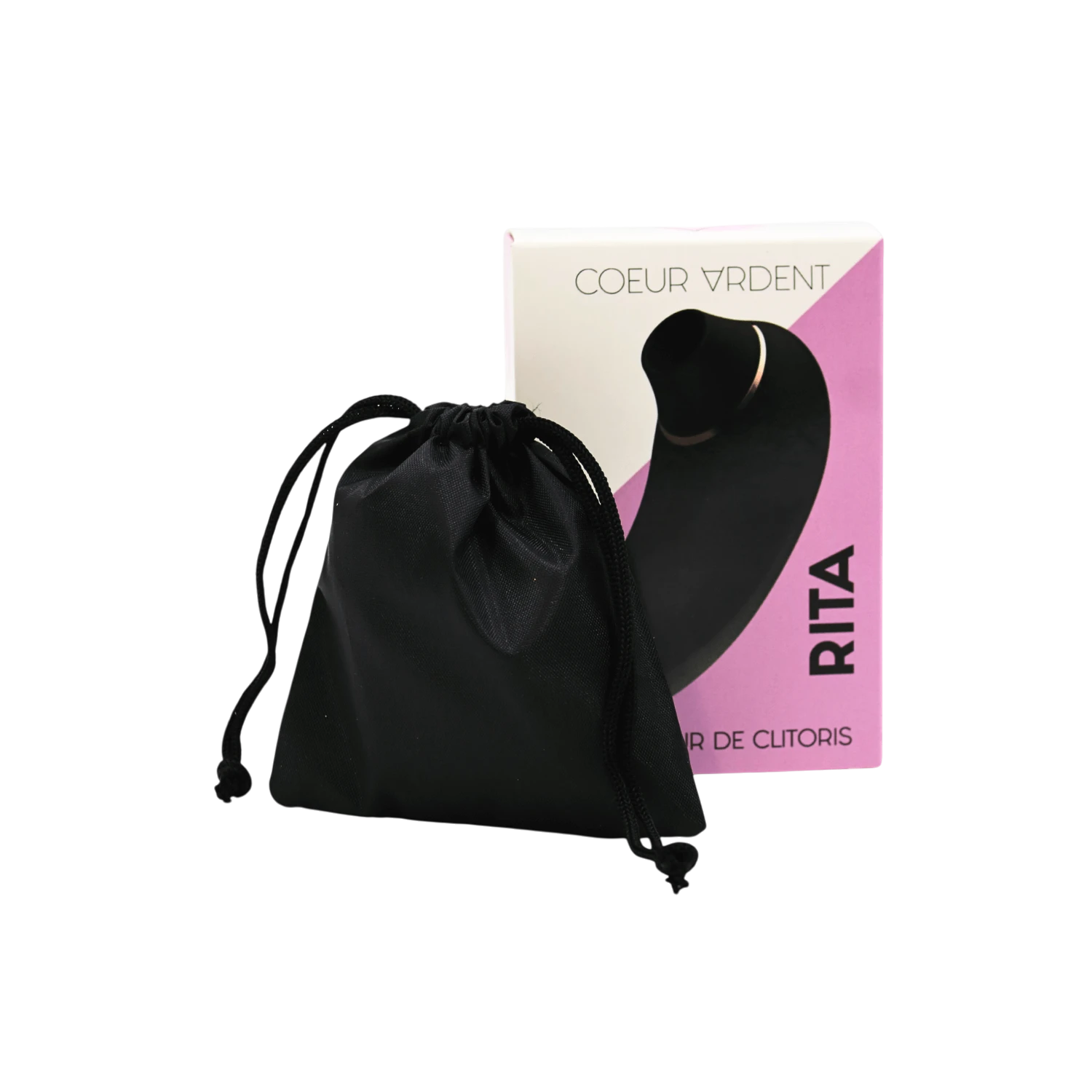 Stimulateur Rita noir avec pochette de rangement en tissu noir et boîte rose Coeur Ardent - Oh My God'Z