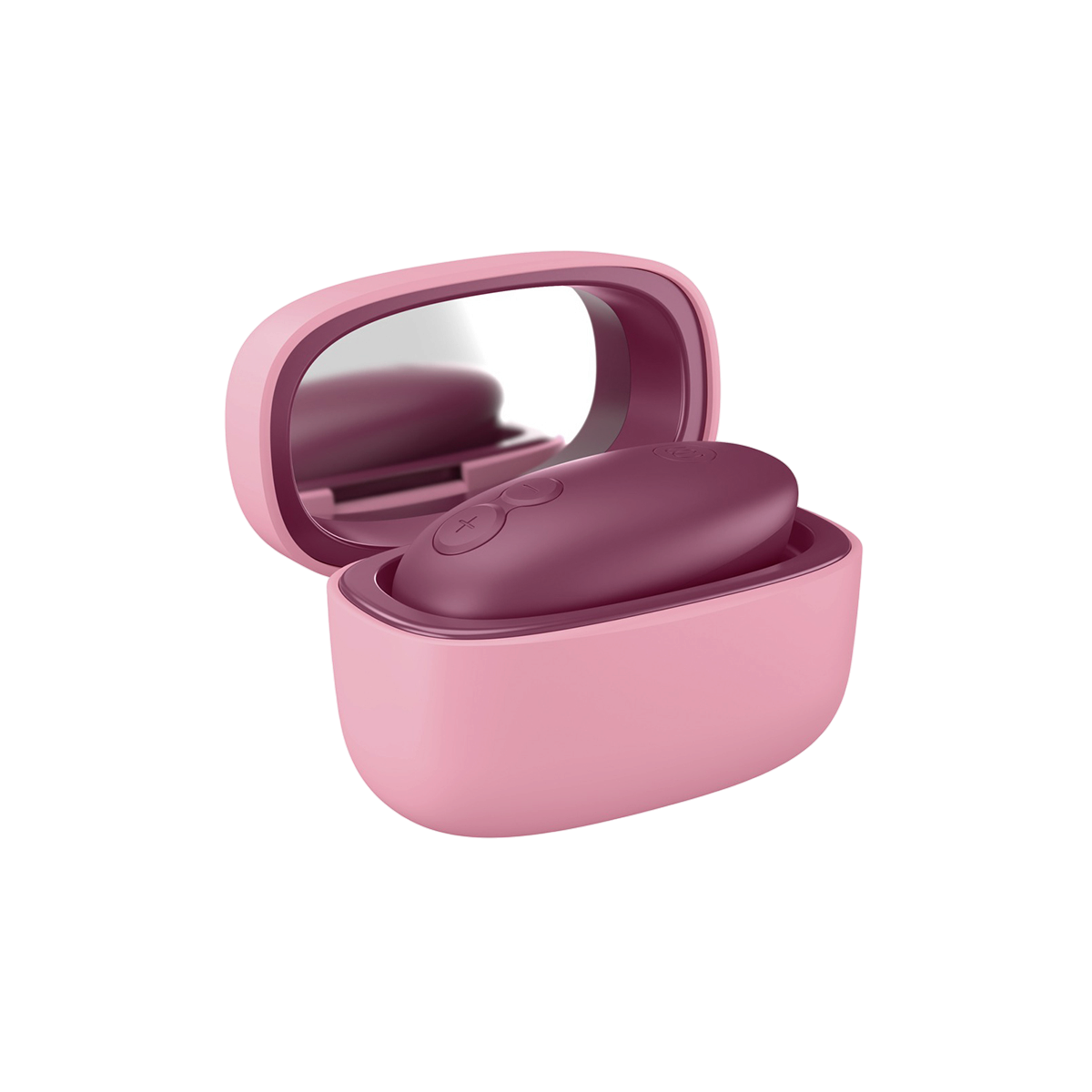 Stimulateur Snap Womanizer prune range dans son etui de recharge rose avec miroir interieur integre - Oh My God'Z