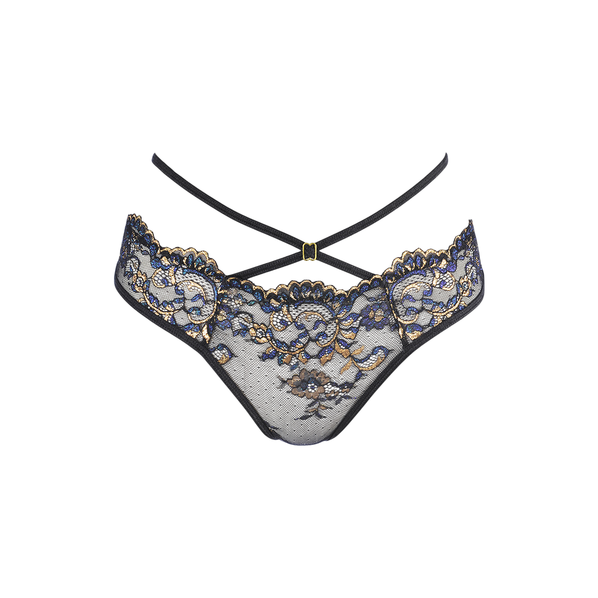 Détail string tulle noir Axami motifs brodés bleu or devant - Oh My God'Z