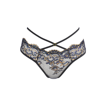 Détail string tulle noir Axami motifs brodés bleu or devant - Oh My God'Z