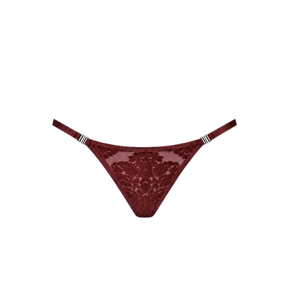 String Masquerade bordeaux en tulle floque motif ornemental et details argentes, vue produit - Oh My God'Z
