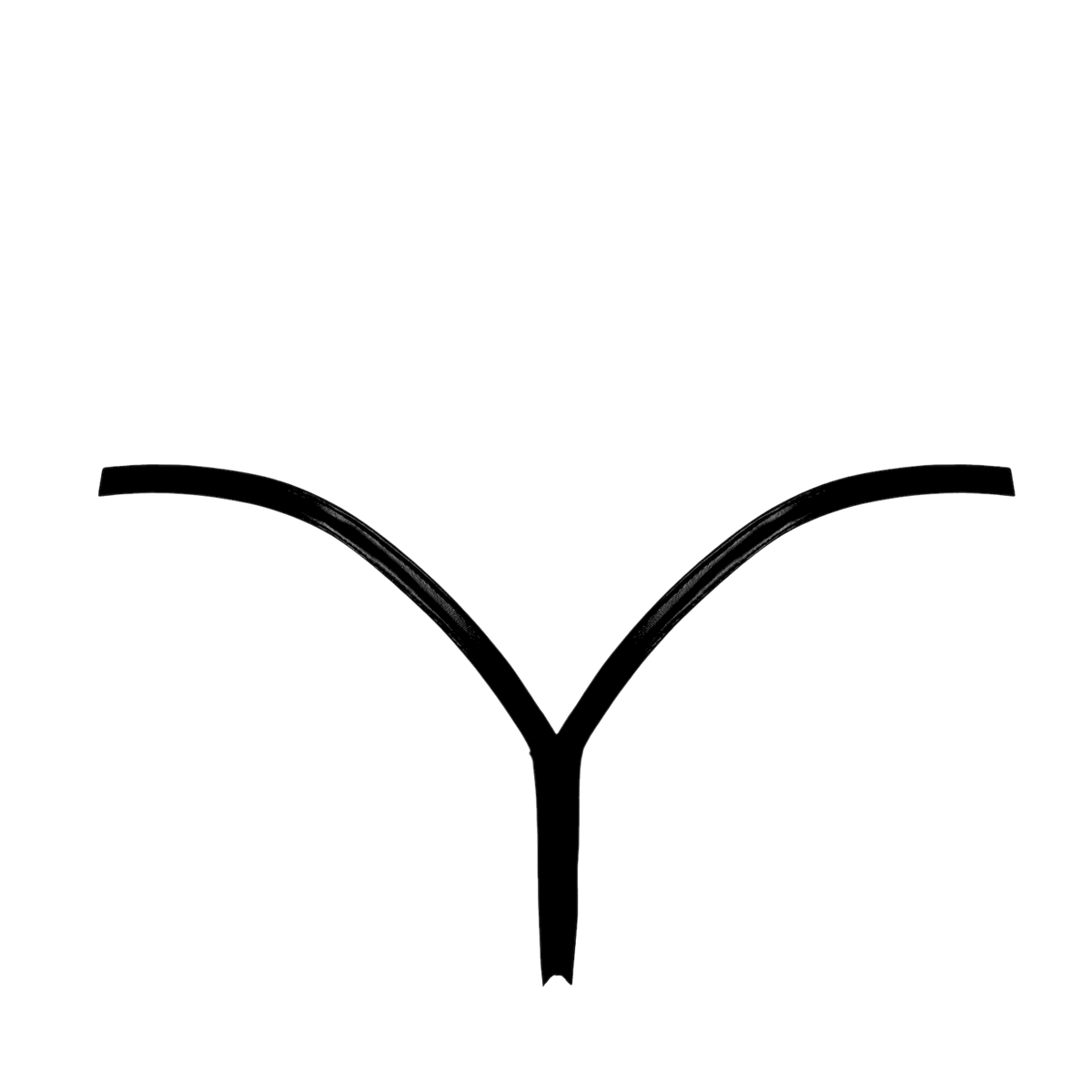 Detail du string noir Noir Handmade : fines brides wetlook formant un V, vue a plat sur fond blanc - Oh My God'Z
