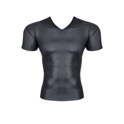 T-shirt homme wetlook noir Regnes a col en V et manches courtes, matiere brillante extensible, vue avant - Oh My God'Z