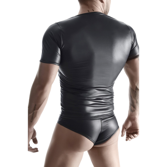 Vue de dos d'un homme en t-shirt wetlook noir Regnes moulant et slip noir brillant assorti, coutures visibles - Oh My God'Z